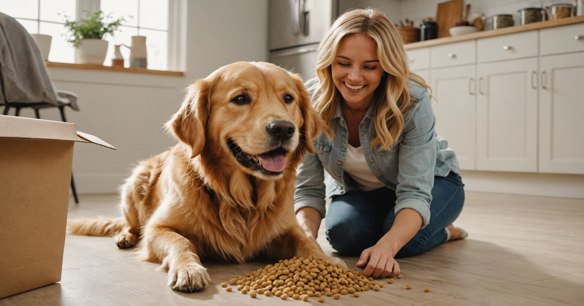 A happy pet owner reviewing a bulk purchase of freeze dried dog food, with their dog eagerly sniffing the open package.