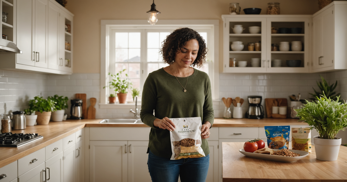 A pet owner examining the ingredients list on a freeze-dried pet food package