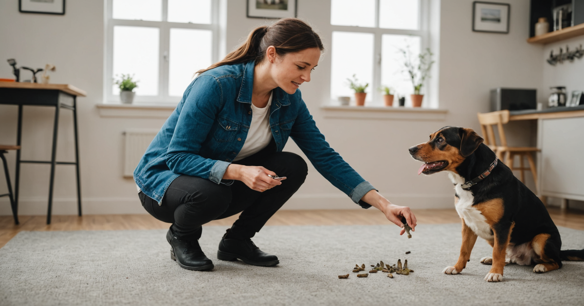 A pet owner using freeze dried minnows during a training session with their dog, illustrating the treat's utility.