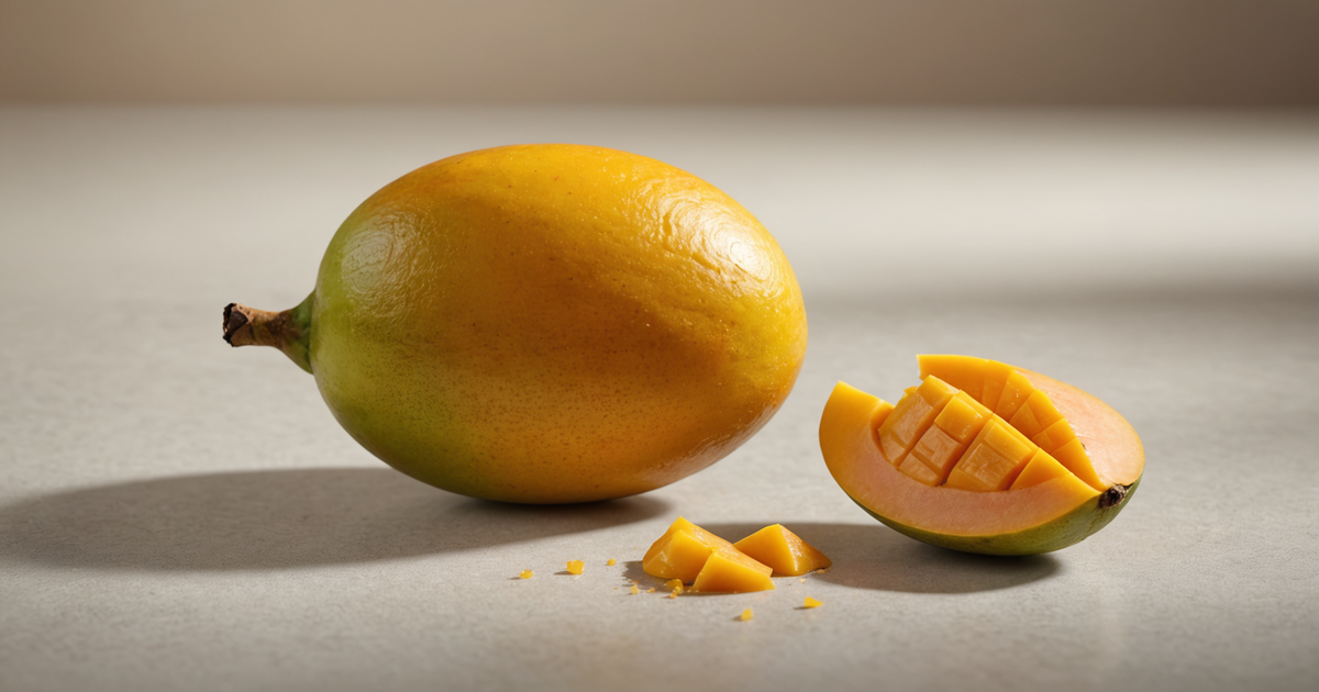A freeze-dried mango piece next to a fresh mango