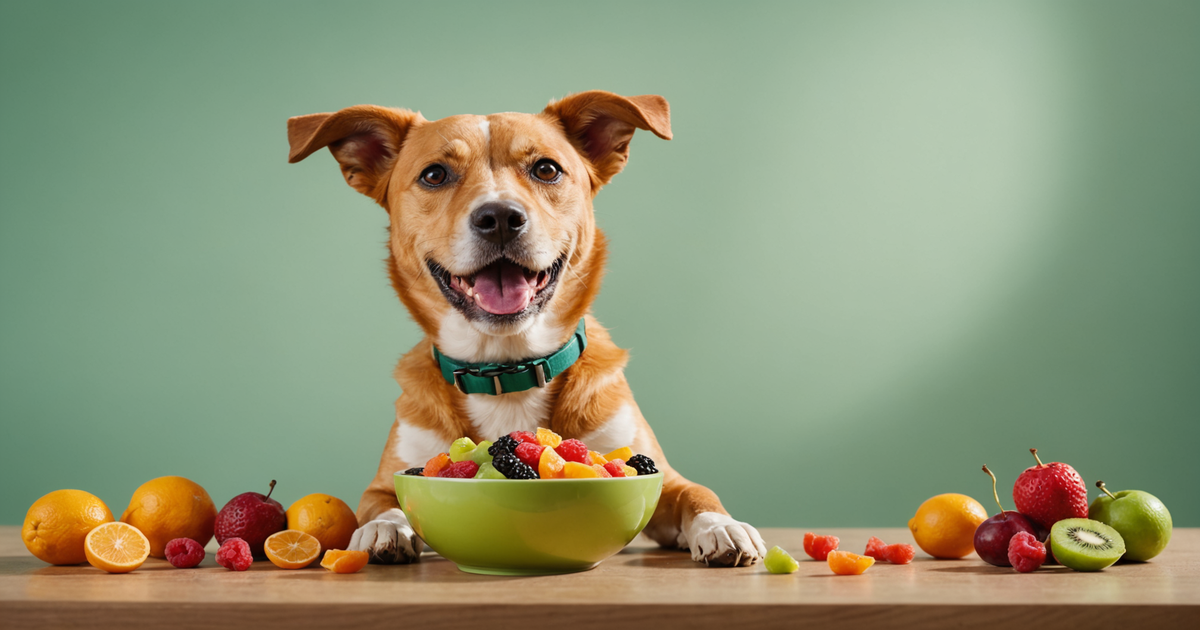 A happy dog with a small bowl of freeze-dried fruits