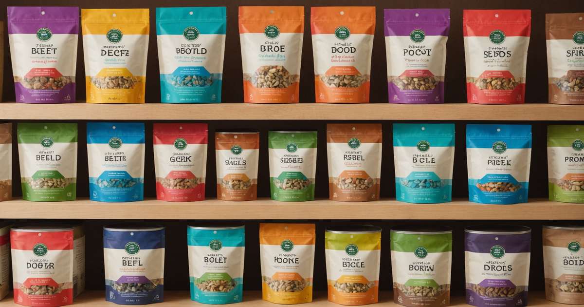 A selection of various freeze dried pet foods available in bulk, neatly arranged on a shelf.