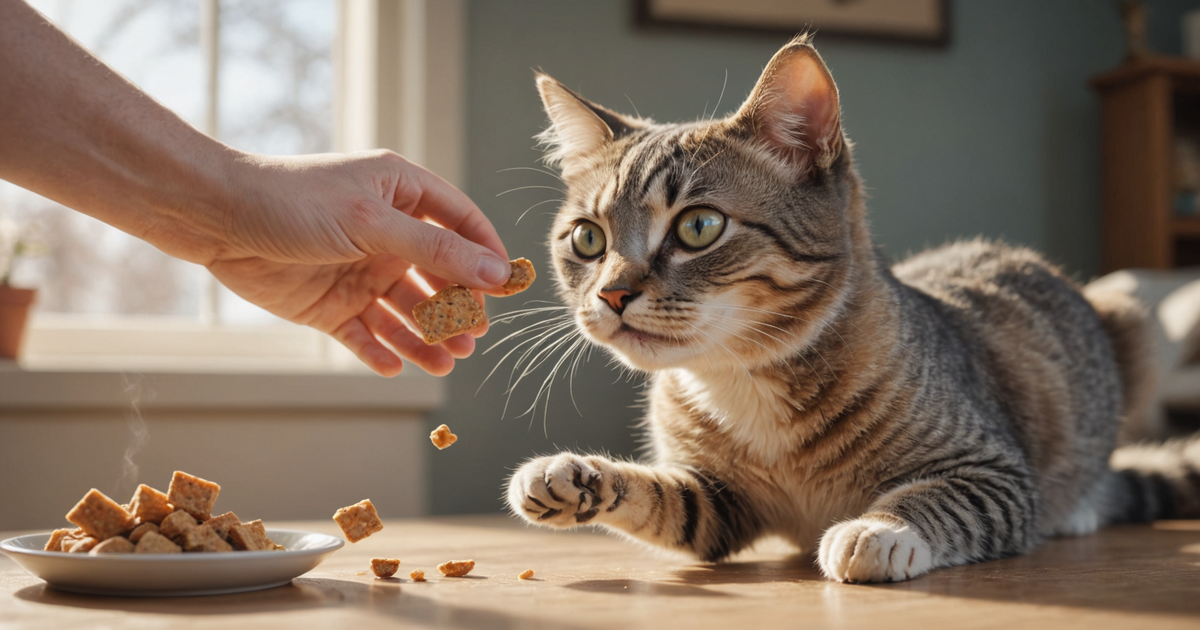 A cat eagerly reaching for a freeze dried treat from a human hand.