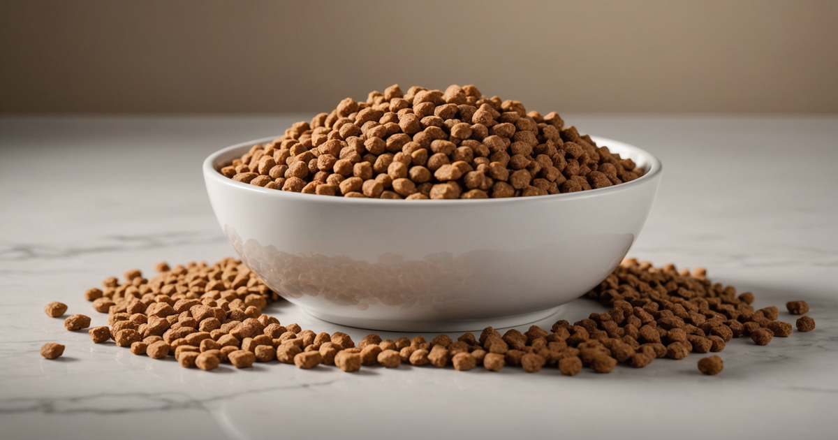 A bowl of freeze-dried dog food with visible chunks of meat