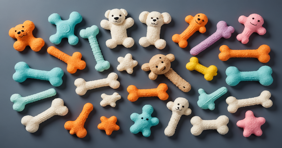 A variety of commercial freeze bone dog toys with different textures and features.