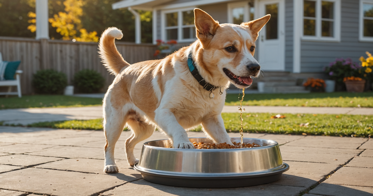A dog drinking from a freeze bowl on a sunny day