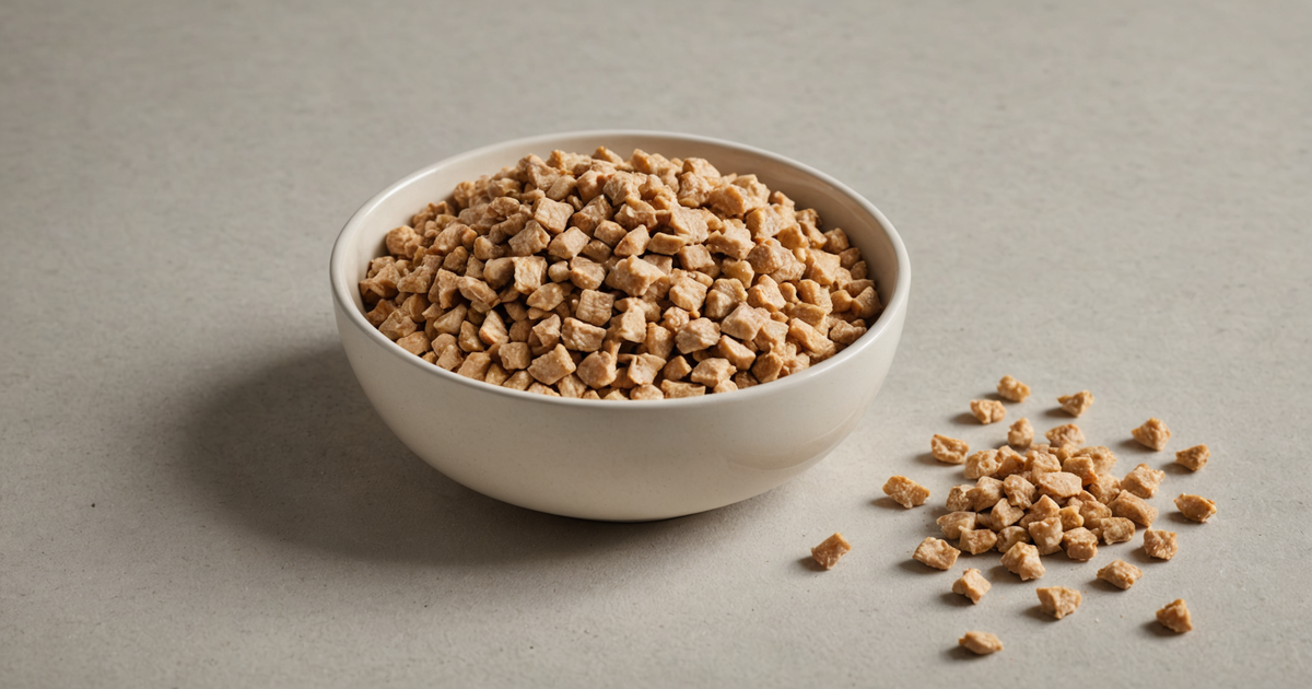 A bowl of freeze dried chicken dog food