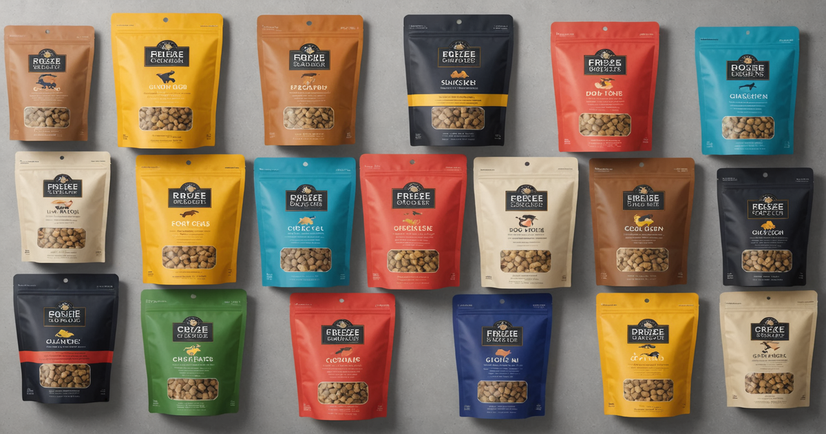 Packaging of popular freeze dried chicken dog food brands