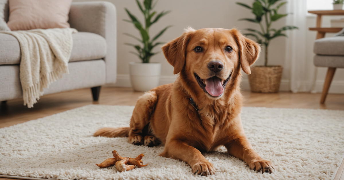 Happy dog enjoying a freeze dried chicken foot