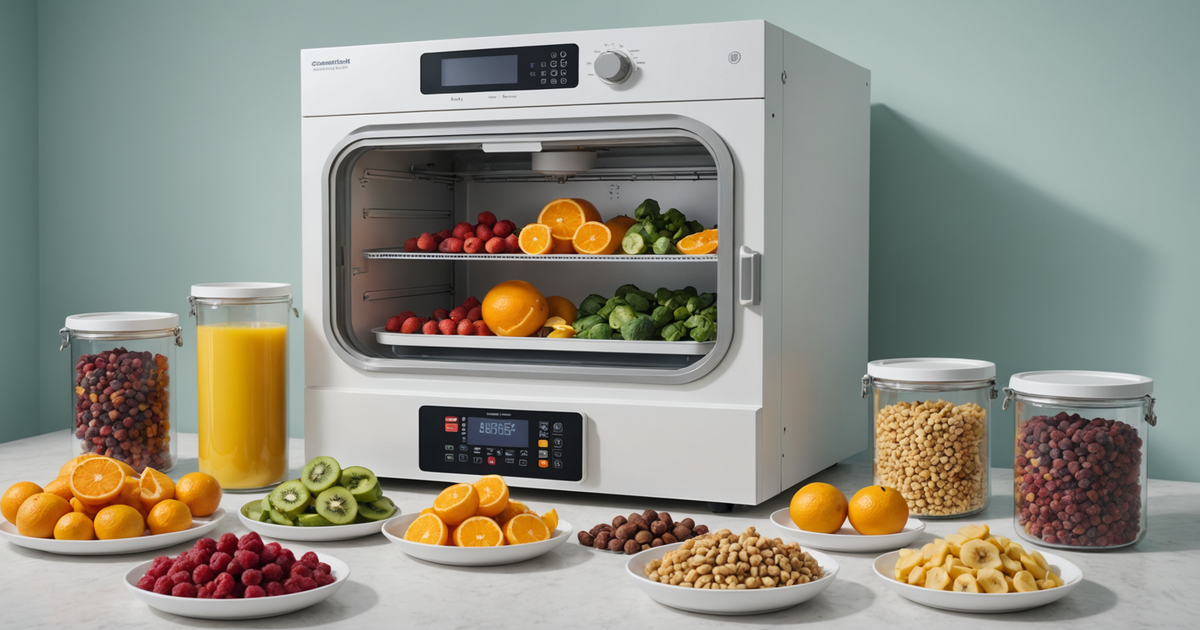 A visual representation of the freeze-drying process, showing stages from preparation to final product