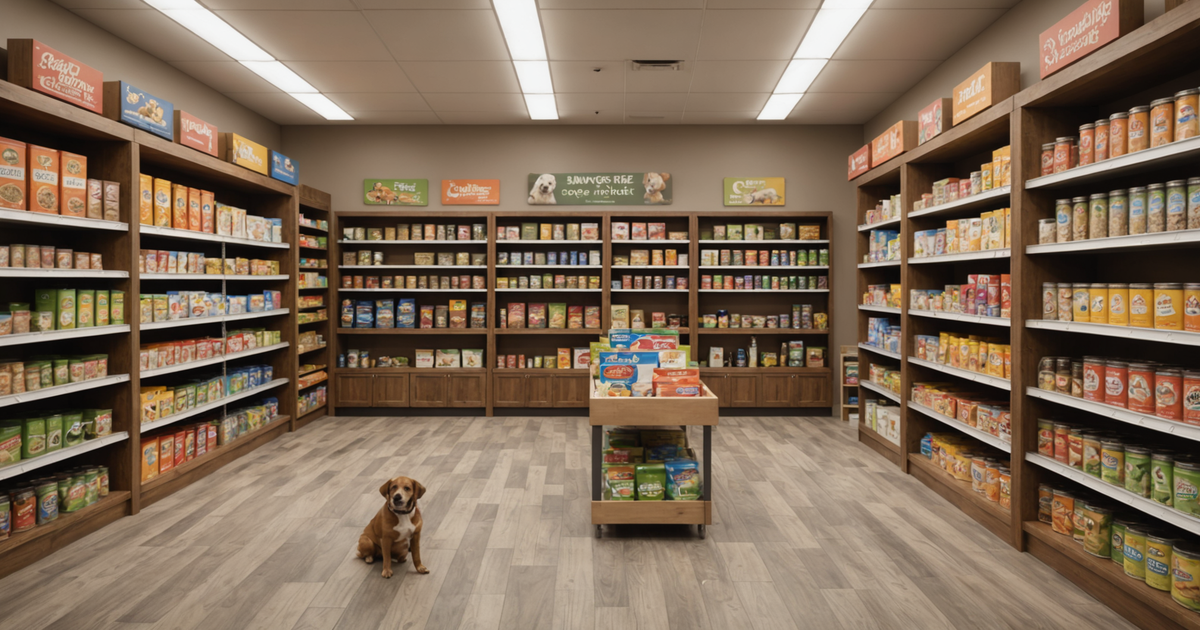 An image of the interior of a PetSmart store, showcasing a variety of freeze-dried dog food products on the shelves.