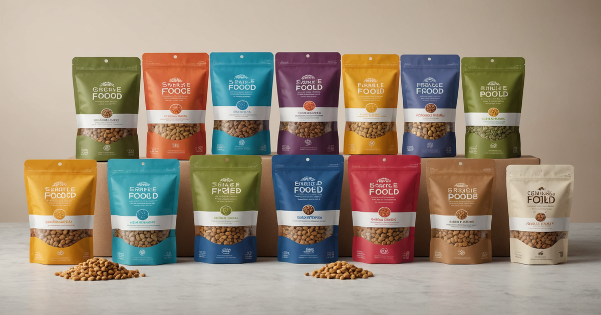 A selection of popular freeze dried dog food with grains, showcasing different brands and packaging