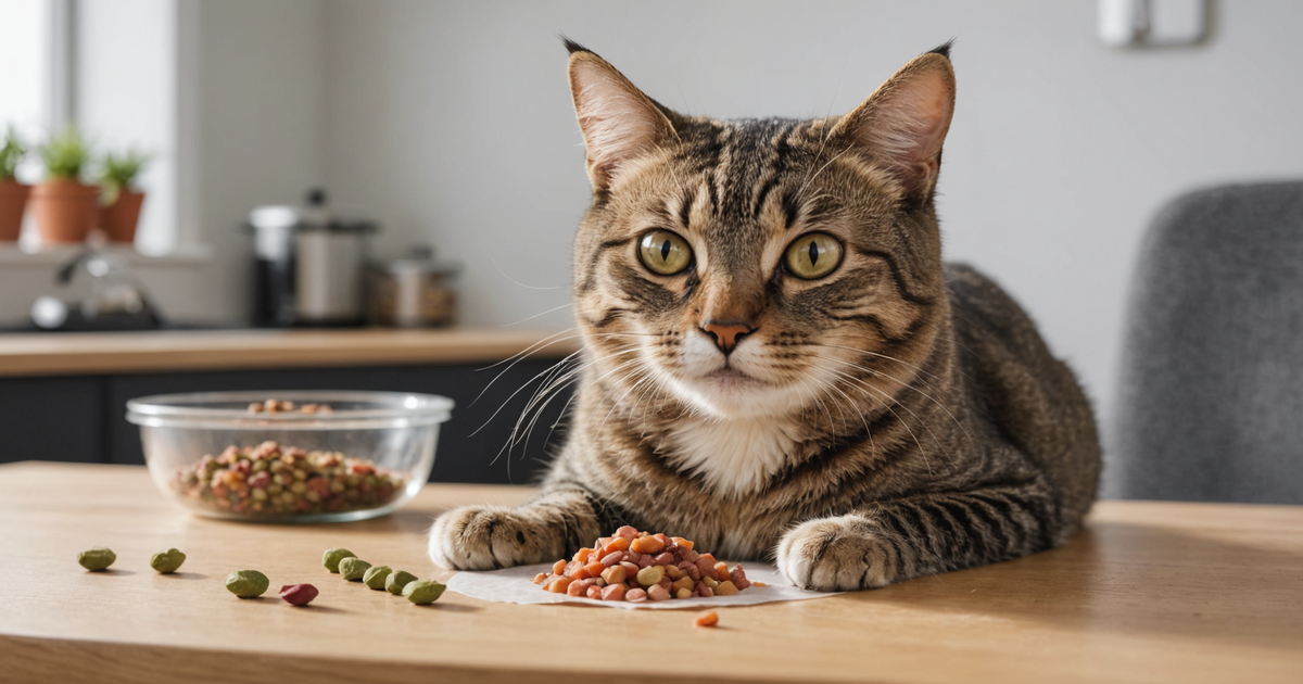 A happy, healthy cat enjoying a meal of freeze dried raw food
