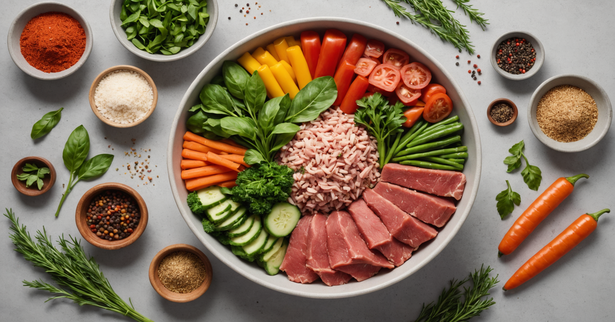 Freeze dried raw meat in a bowl with fresh ingredients around it