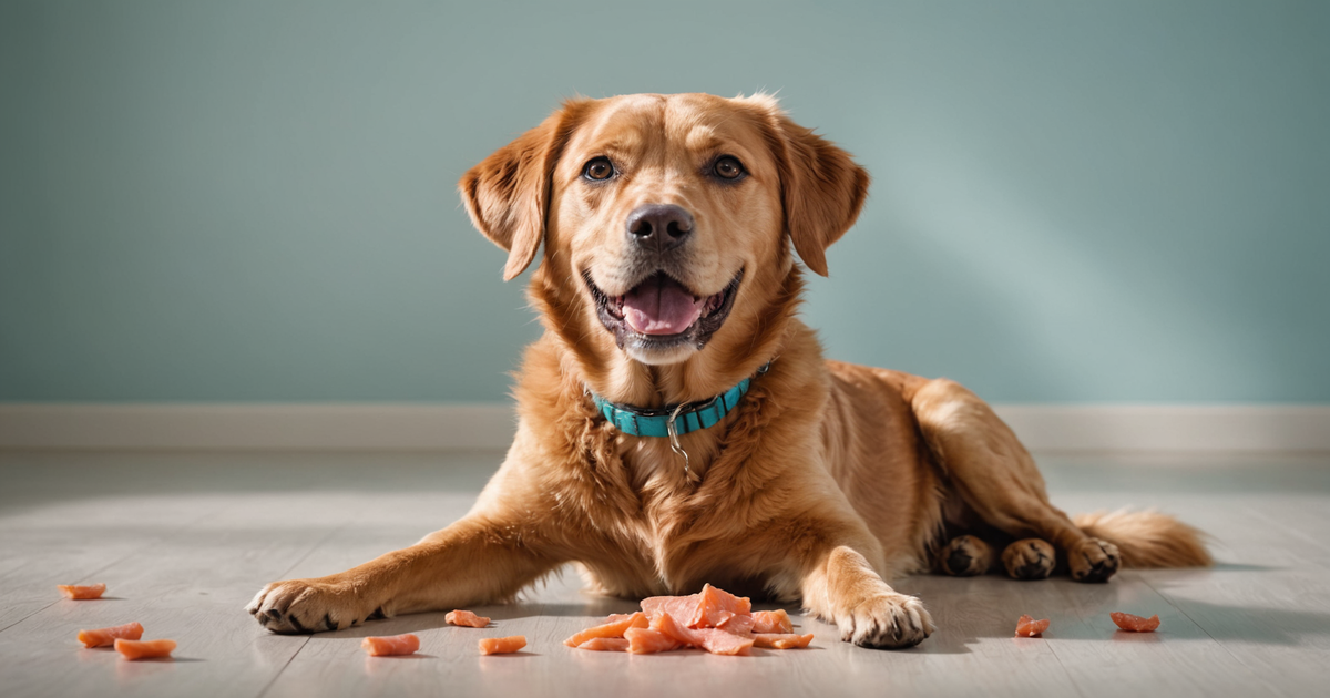 A happy dog enjoying freeze dried salmon treats