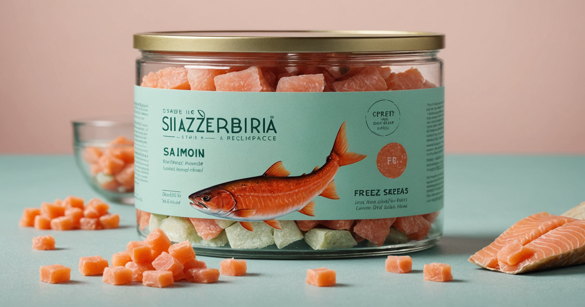 Packaging of freeze dried salmon treats highlighting ingredient transparency