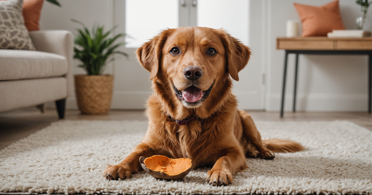 A happy dog enjoying a freeze dried sweet potato treat