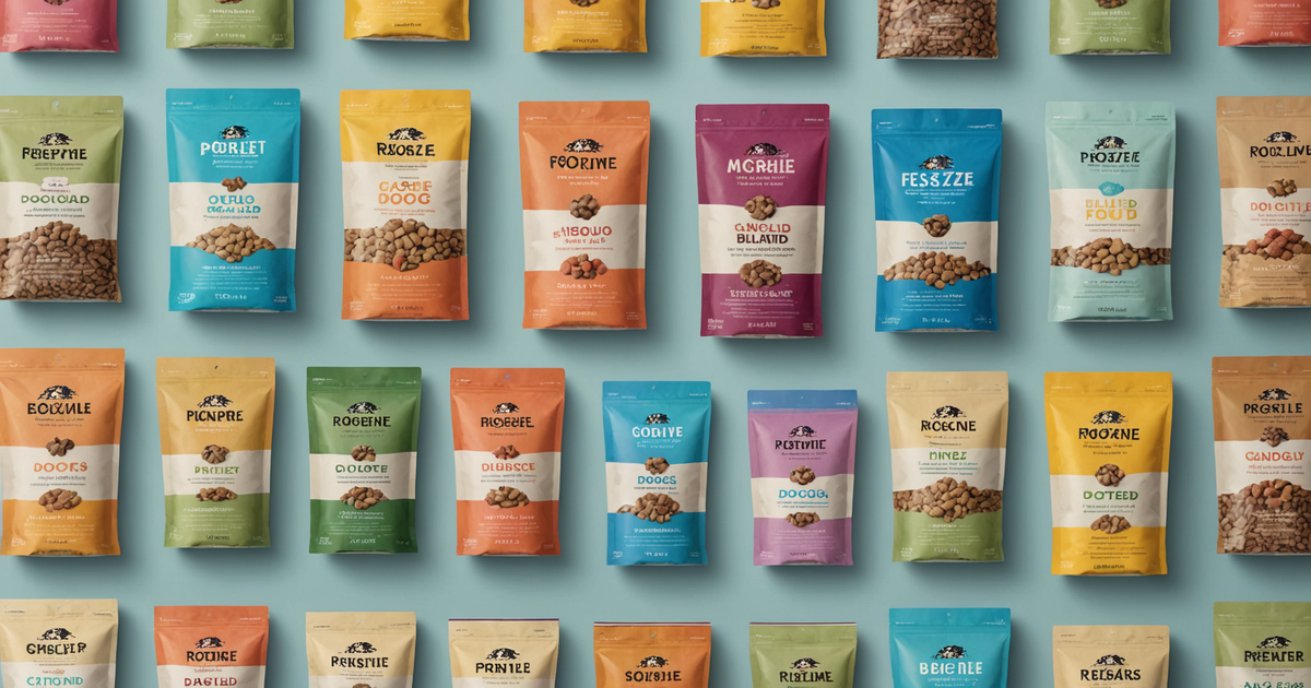An array of freeze-dried dog food packages from different brands
