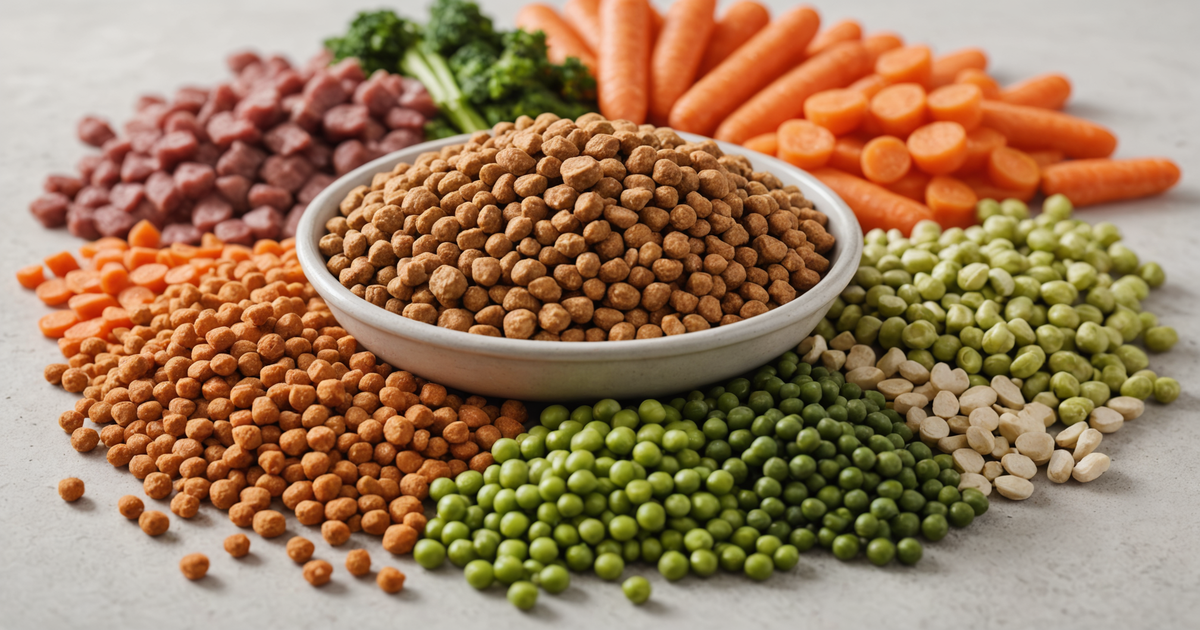 A selection of freeze-dried dog food ingredients including chicken, beef, and vegetables.
