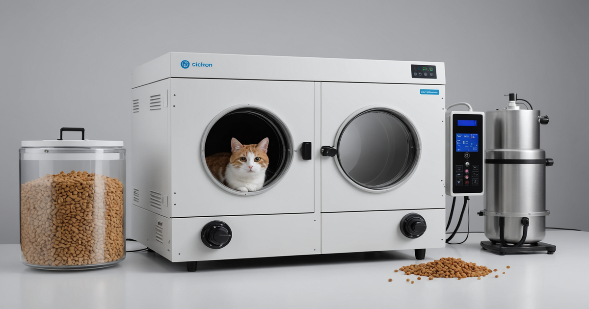 A professional freeze-drying setup with a pet in a vacuum chamber
