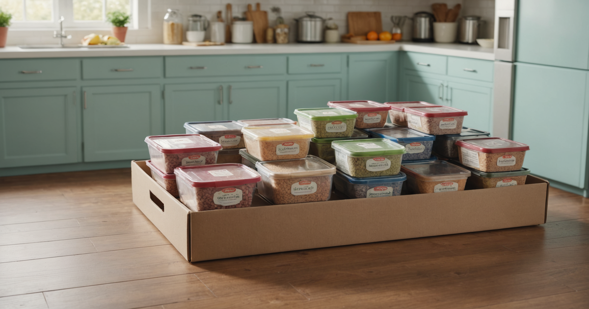 Packages of raw frozen dog food stored in a freezer