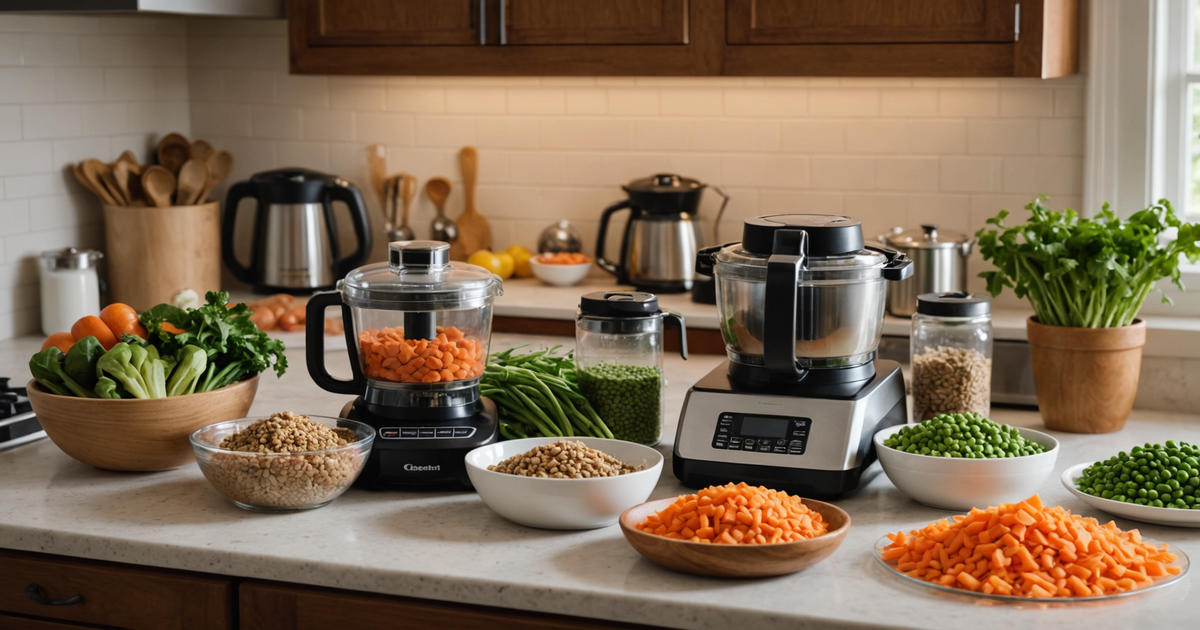 A kitchen setup with ingredients and equipment ready for preparing freeze-dried dog food.