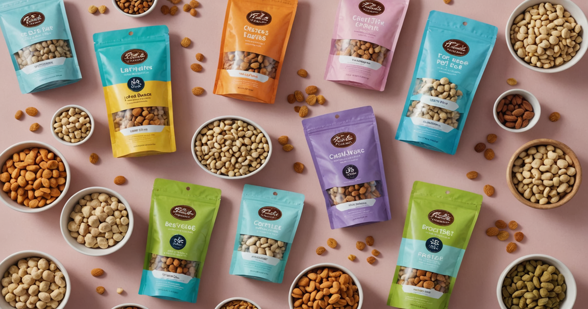 A selection of freeze-dried pet treats and meals in various packaging