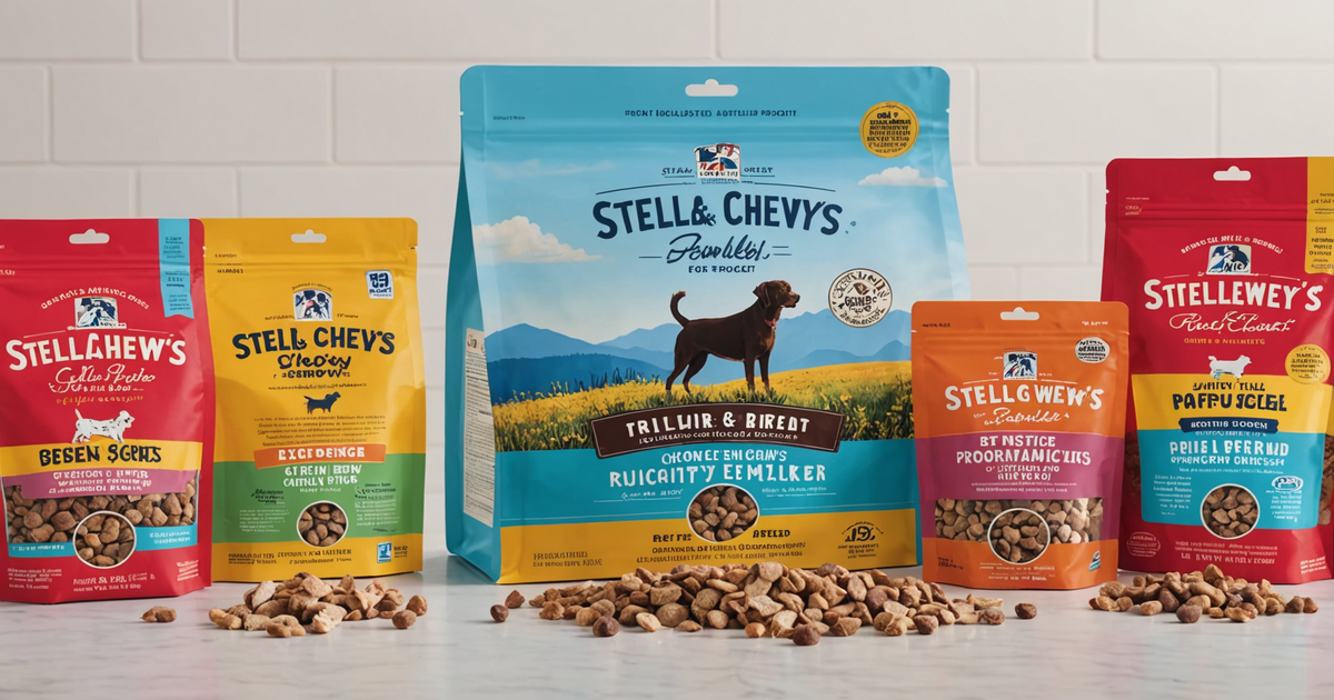A vibrant display of Stella & Chewy's freeze-dried products showcasing a variety of proteins and packaging.