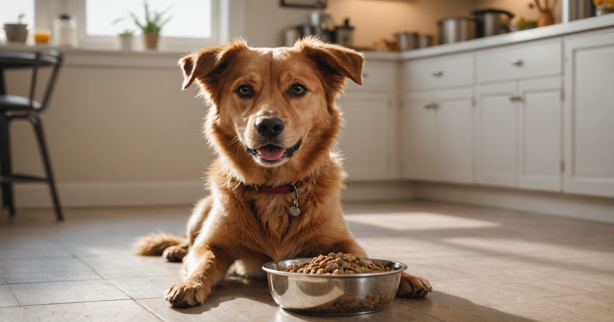 A happy, healthy dog enjoying a bowl of Stella & Chewy's freeze-dried food.