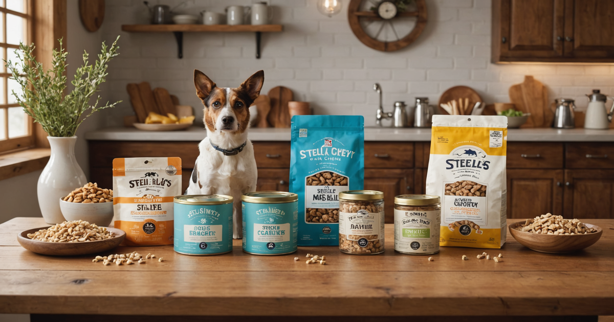 A selection of Stella & Chewy's freeze-dried meal options displayed attractively on a rustic wooden table.