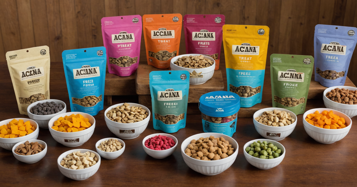 A collection of different Acana freeze-dried treat flavours displayed attractively
