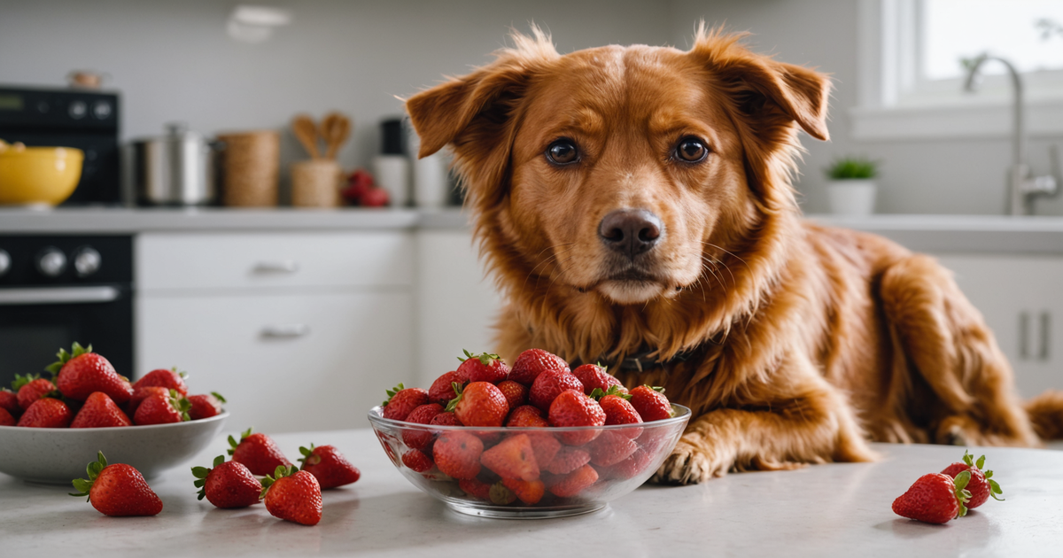 A bowl of freeze-dried strawberries with a dog eagerly looking on
