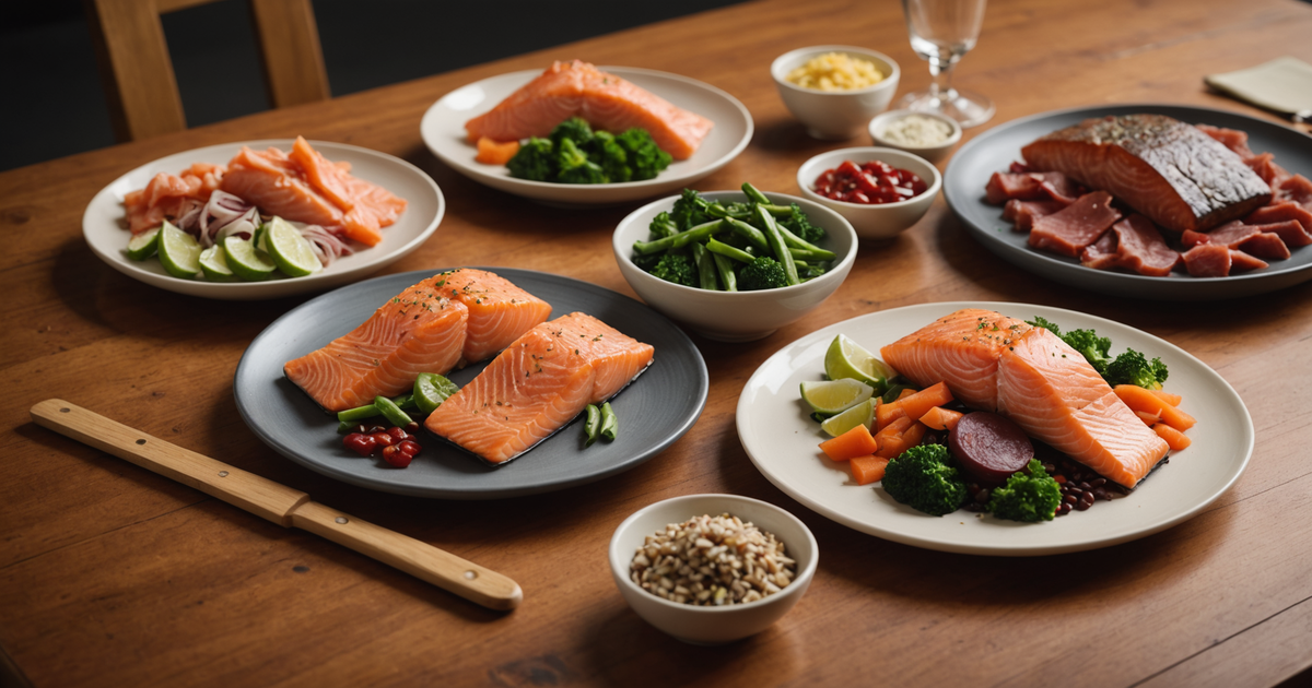 A beautiful display of freeze-dried salmon and kangaroo meat portions, illustrating their natural texture and colour.