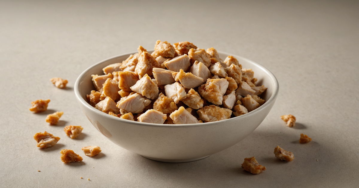 A variety of freeze-dried chicken pieces in a bowl