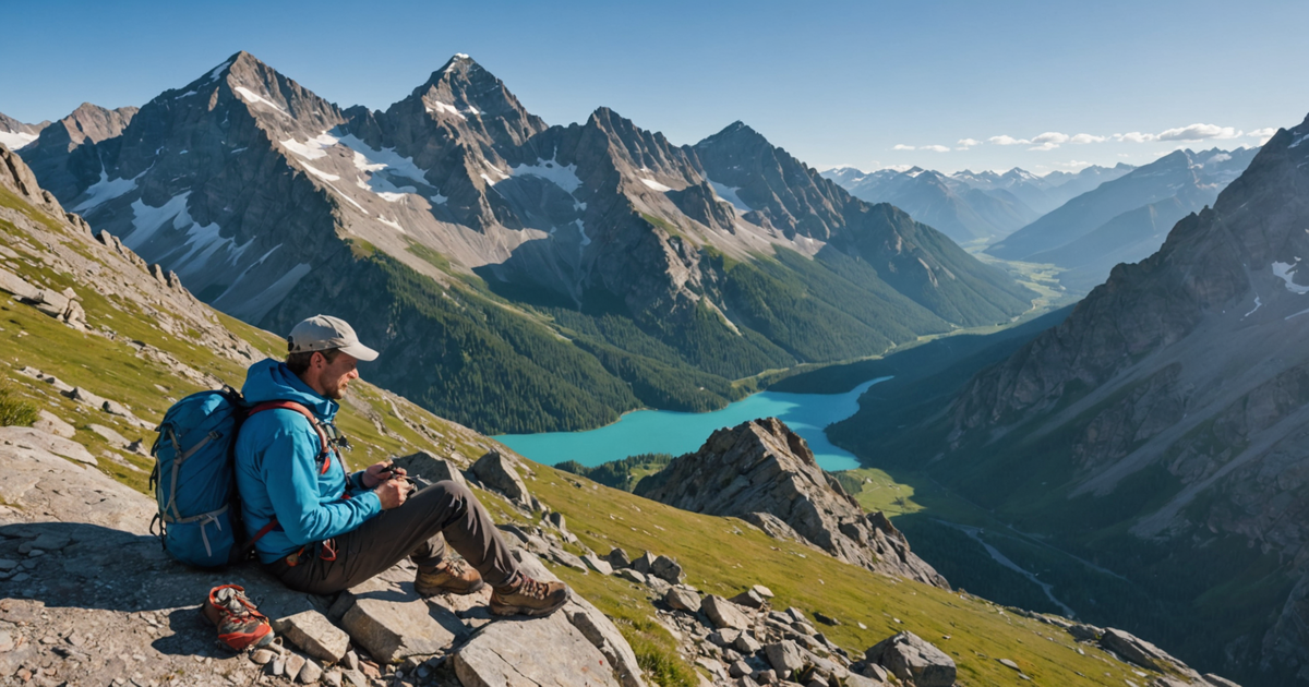 A hiker enjoying a meal with freeze-dried meat on a mountain trail