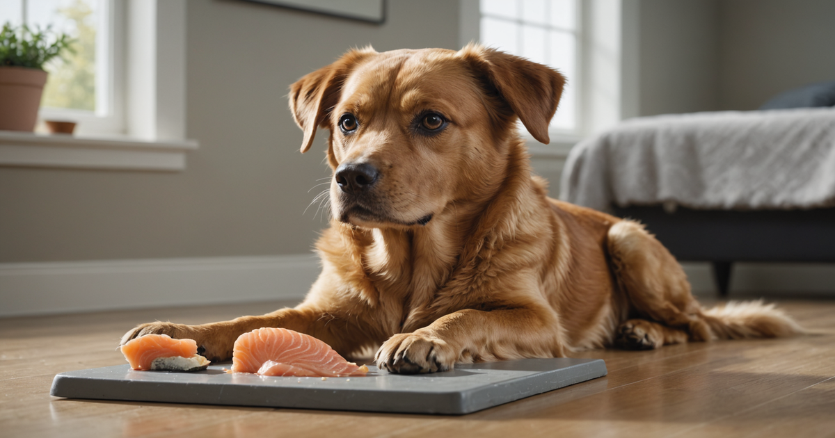 A dog eagerly waiting for a salmon treat
