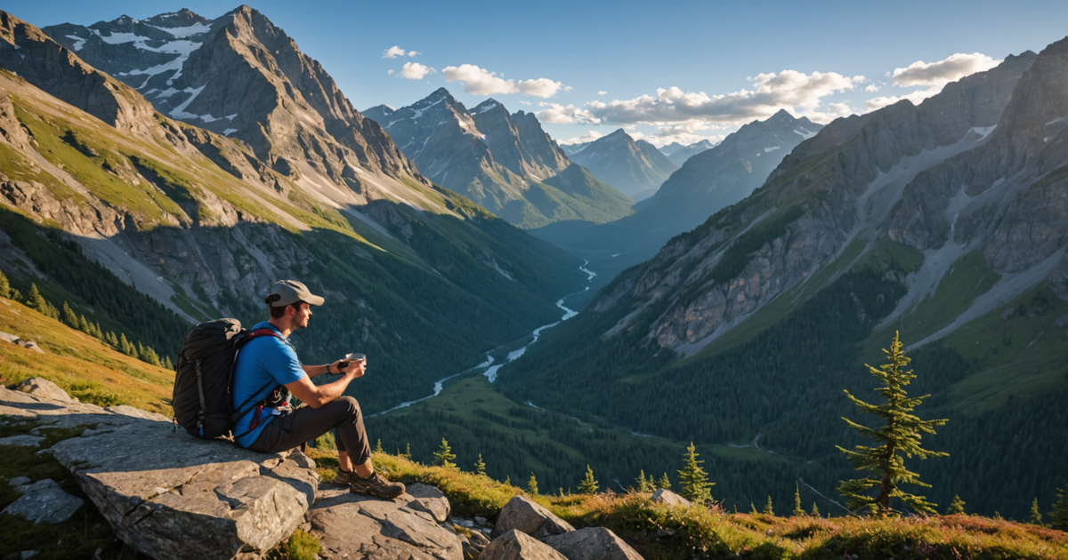 A vibrant image of a hiker enjoying a freeze-dried meal in a picturesque mountain setting