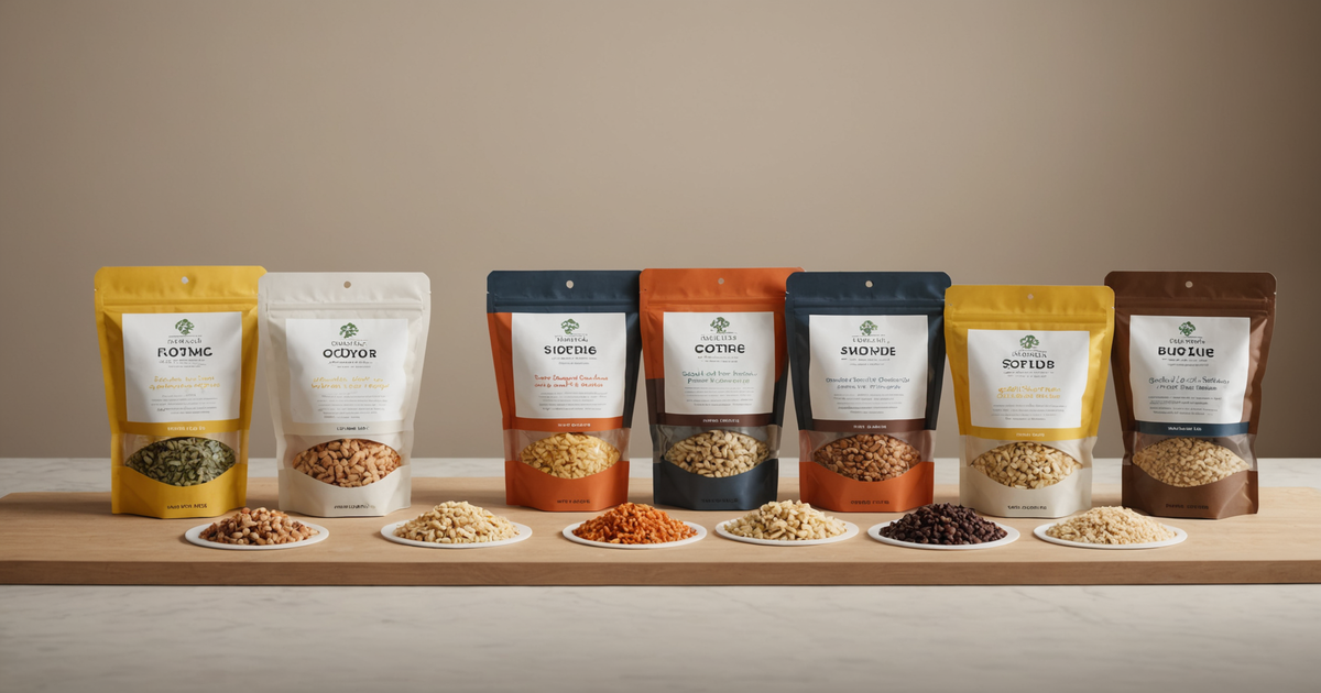 A variety of packaged bulk freeze-dried meals displayed on a table