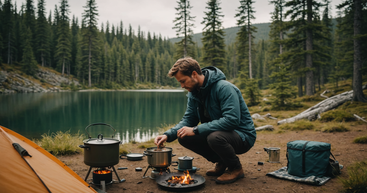 A person preparing a freeze-dried meal with a camping stove in a scenic outdoor setting