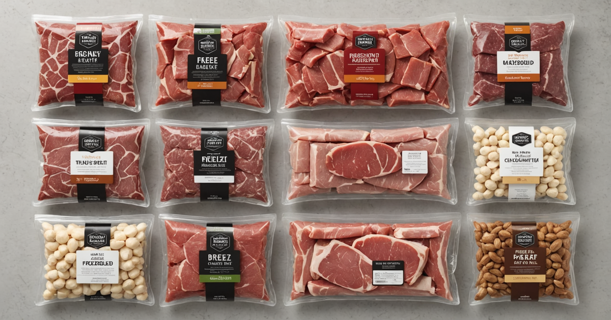 A selection of freeze-dried meat options, showcasing their texture and packaging.