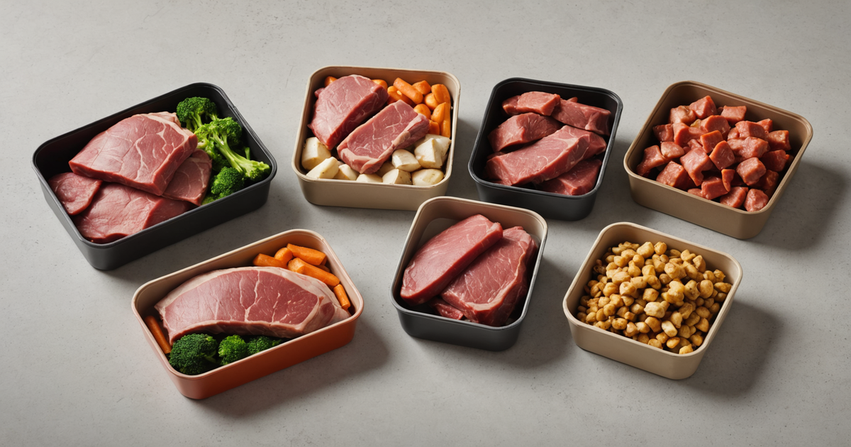A variety of freeze-dried meat packs, illustrating the diversity in packaging and meat types.