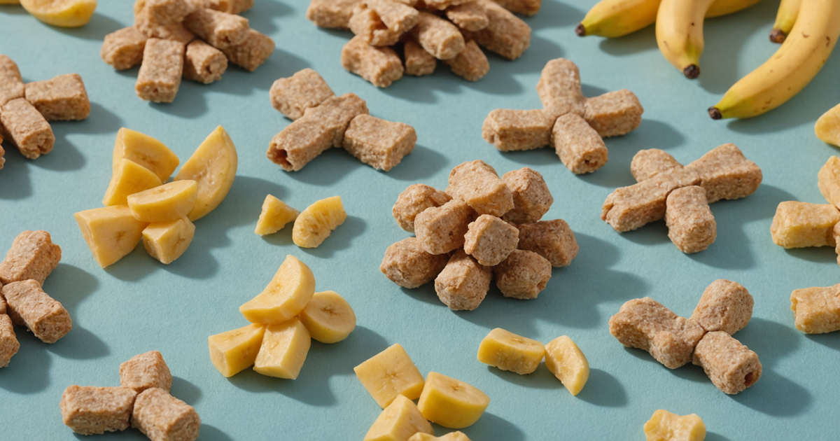 A variety of freeze-dried dog treats including bananas, minnows, and chicken