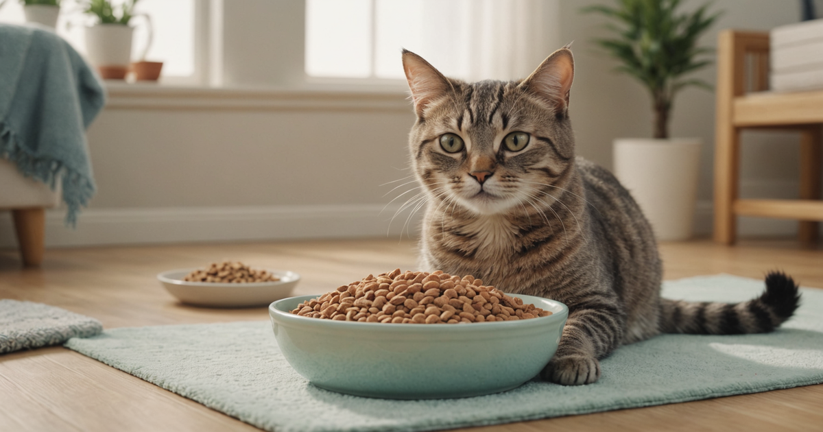 A cat happily eating from a bowl containing a mix of freeze-dried and regular food.