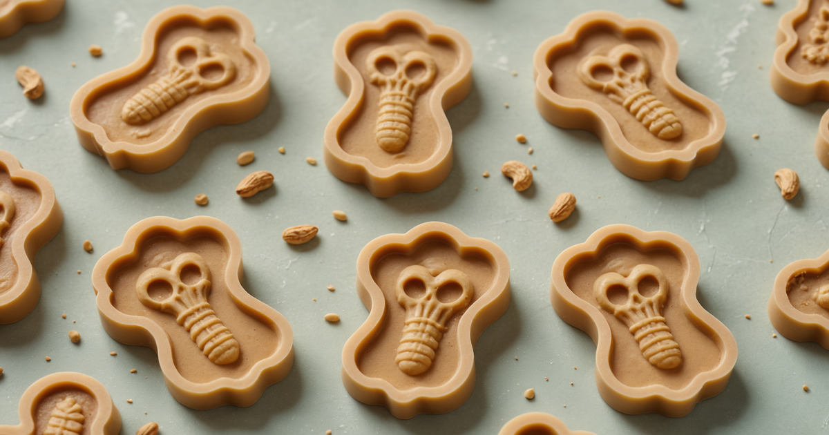 A close-up of bone-shaped moulds filled with peanut butter and banana mixture, ready for freezing.