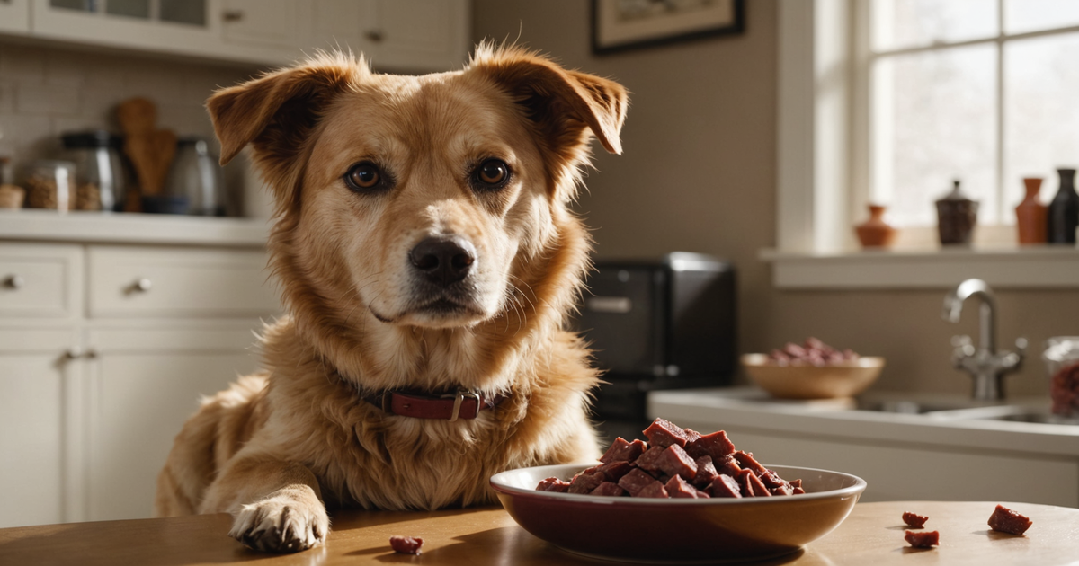 Dog eagerly looking at a bowl of freeze-dried beef liver treats