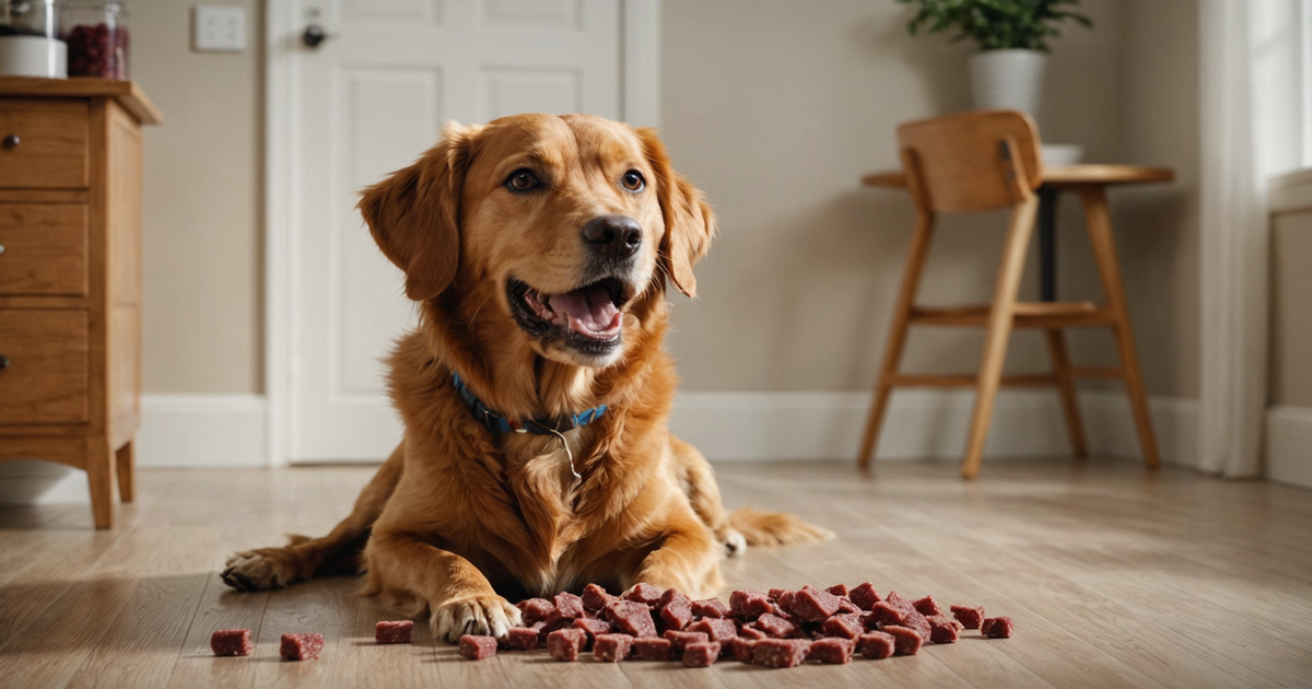 A happy dog enjoying freeze-dried beef organ treats, showcasing a shiny coat.