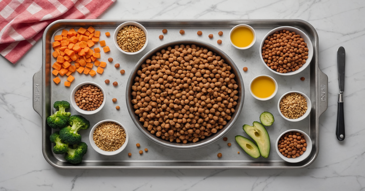 Frozen dog food ingredients spread on a baking sheet