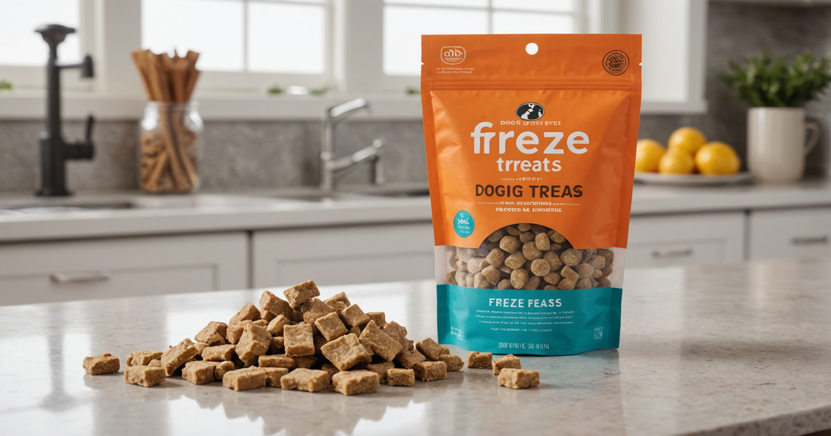 A resealable bag of freeze-dried dog treats from Costco on a countertop.