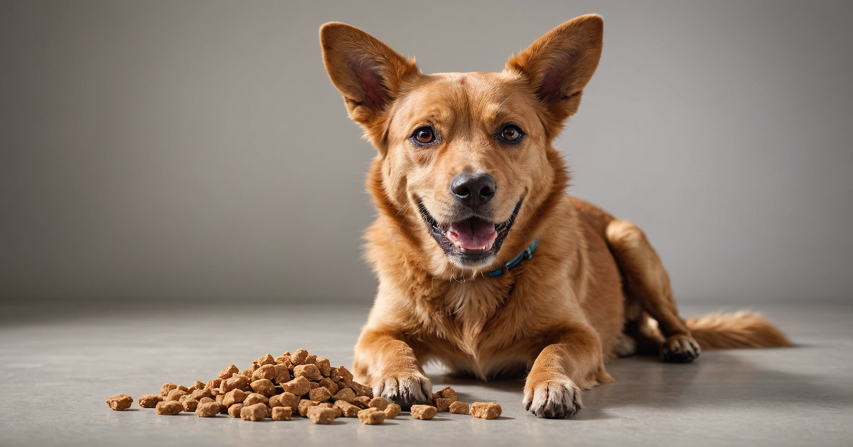 A happy dog enjoying freeze-dried treats from a Costco package.