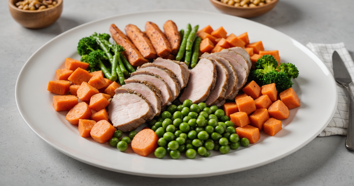 A wholesome serving of freeze-dried duck alongside fresh vegetables, illustrating a balanced meal for dogs.